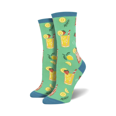 lime green crew socks with lemons, strawberries, leaves, a glass and straw. perfect for women who love food and summertime!  