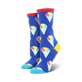 Women's crew socks in blue with colorful snow cone pattern. Red, yellow, and light blue accents. Fun and whimsical design.