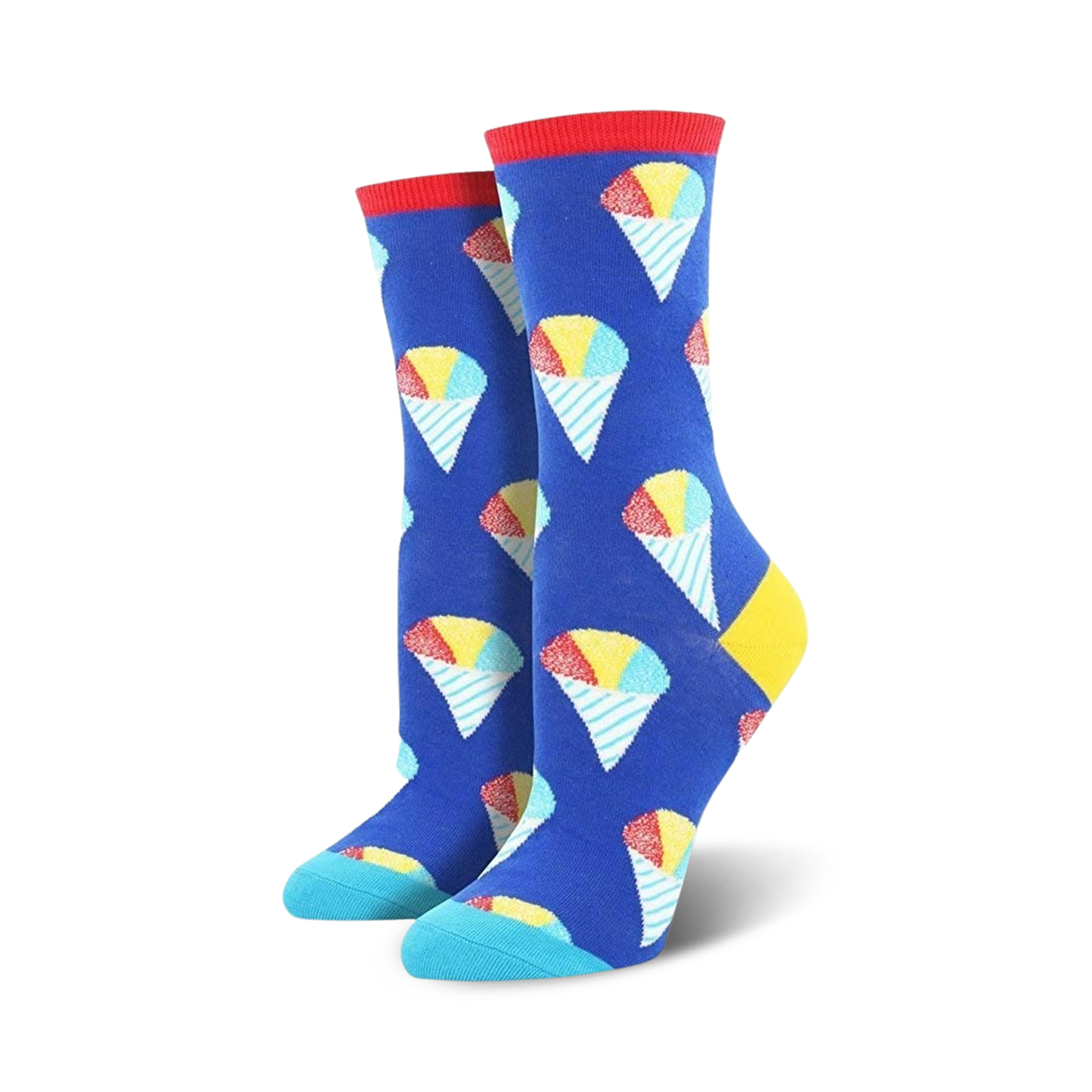 Women's crew socks in blue with colorful snow cone pattern. Red, yellow, and light blue accents. Fun and whimsical design.