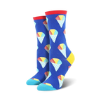 Women's crew socks in blue with colorful snow cone pattern. Red, yellow, and light blue accents. Fun and whimsical design.