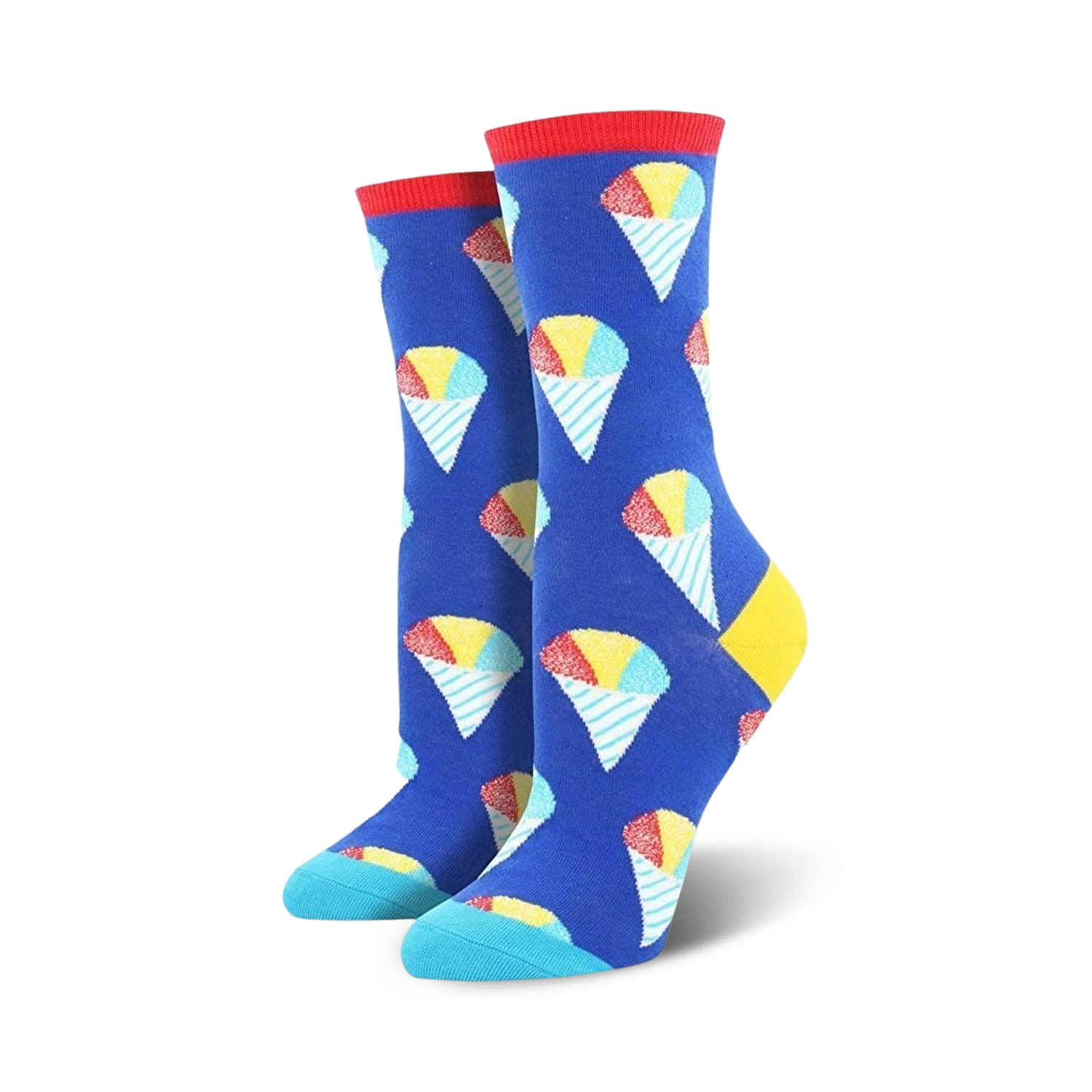 Women's crew socks in blue with colorful snow cone pattern. Red, yellow, and light blue accents. Fun and whimsical design.