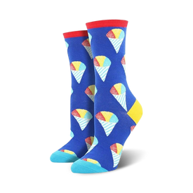 blue background with multi-colored snow cones and yellow and blue striped straws. for women.   