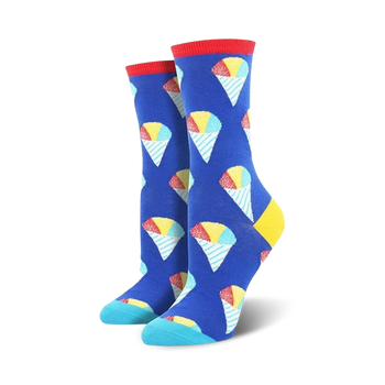 blue background with multi-colored snow cones and yellow and blue striped straws. for women.   