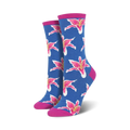 Pair of women's crew socks in blue and pink, featuring a repeating pattern of pink lilies.