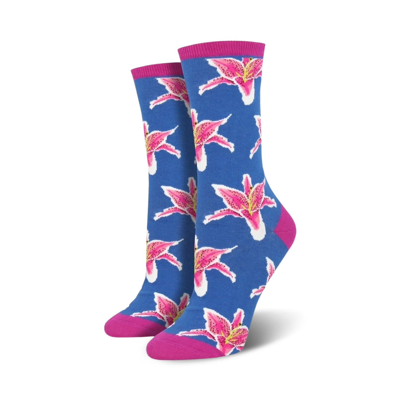 Pair of women's crew socks in blue and pink, featuring a repeating pattern of pink lilies.