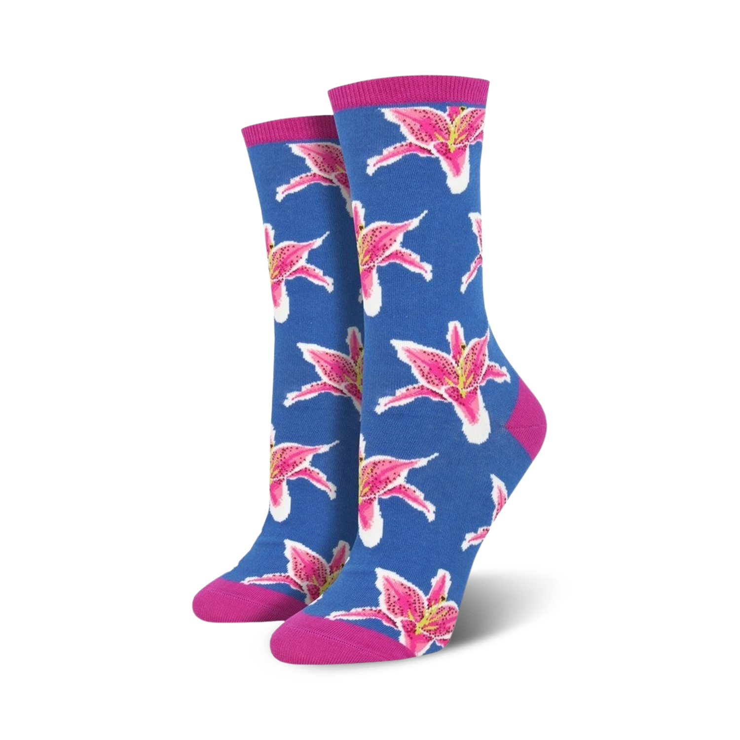 Pair of women's crew socks in blue and pink, featuring a repeating pattern of pink lilies.