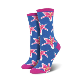 blue and pink botanical lily crew length women's sock. blooms and buds in spring colors with yellow and green stems and leaves.  
