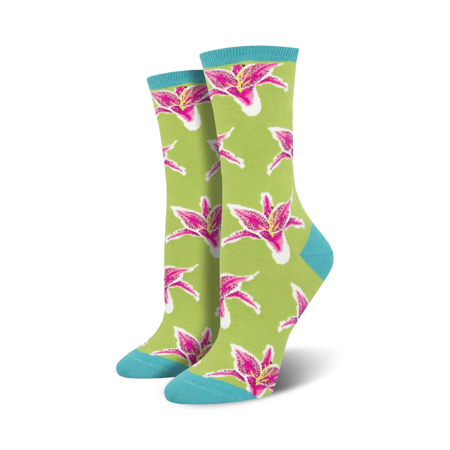 Lifestyle shot: Model wearing the green Lily socks, showcasing how they look with everyday outfits.