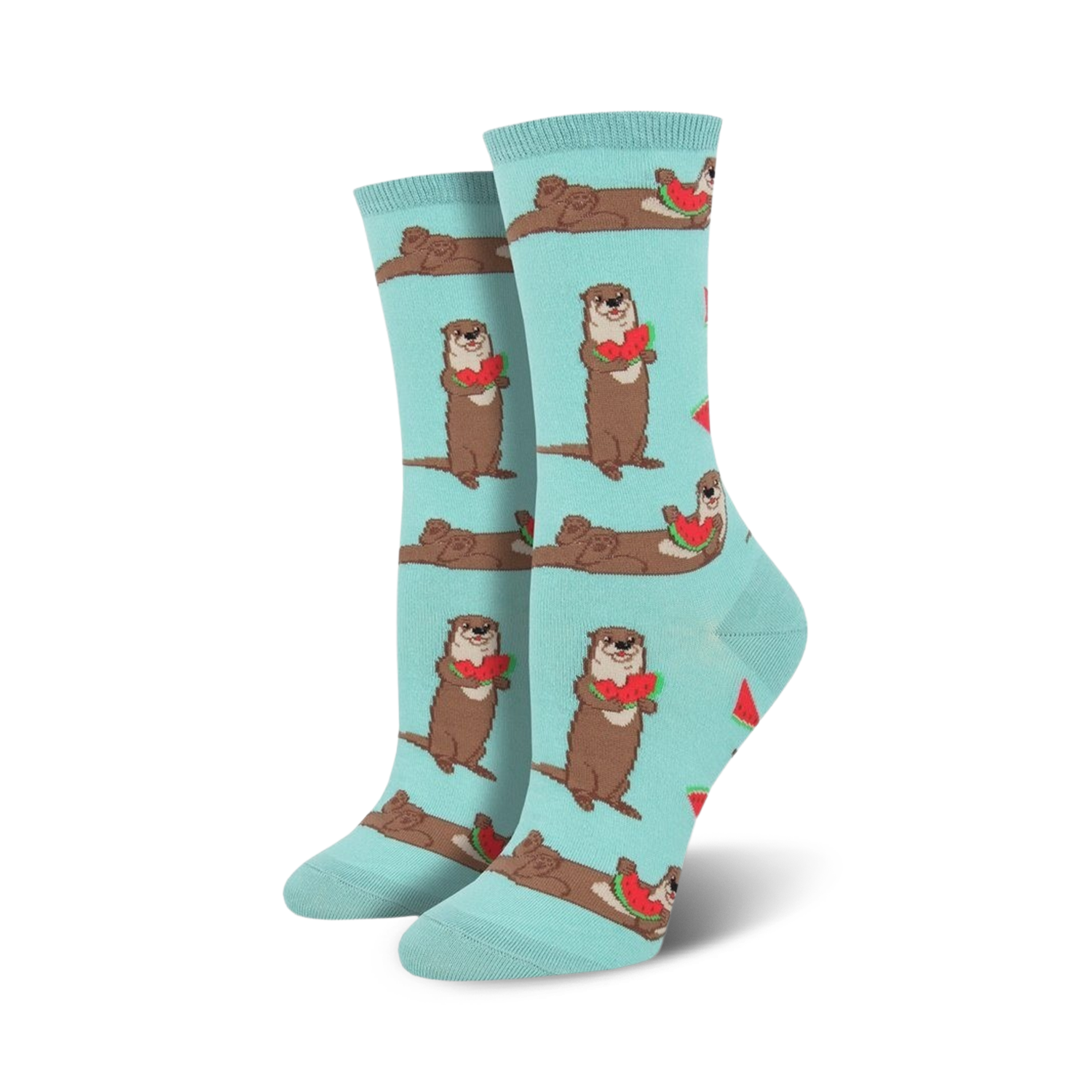 A pair of women's crew socks in teal. Otters holding watermelon slices are playfully printed against a light teal background.