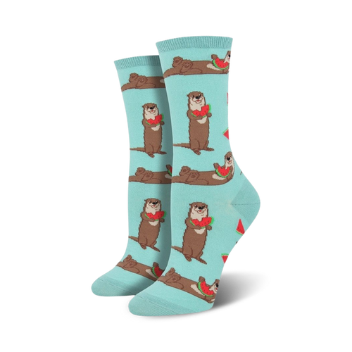 A pair of women's crew socks in teal. Otters holding watermelon slices are playfully printed against a light teal background.
