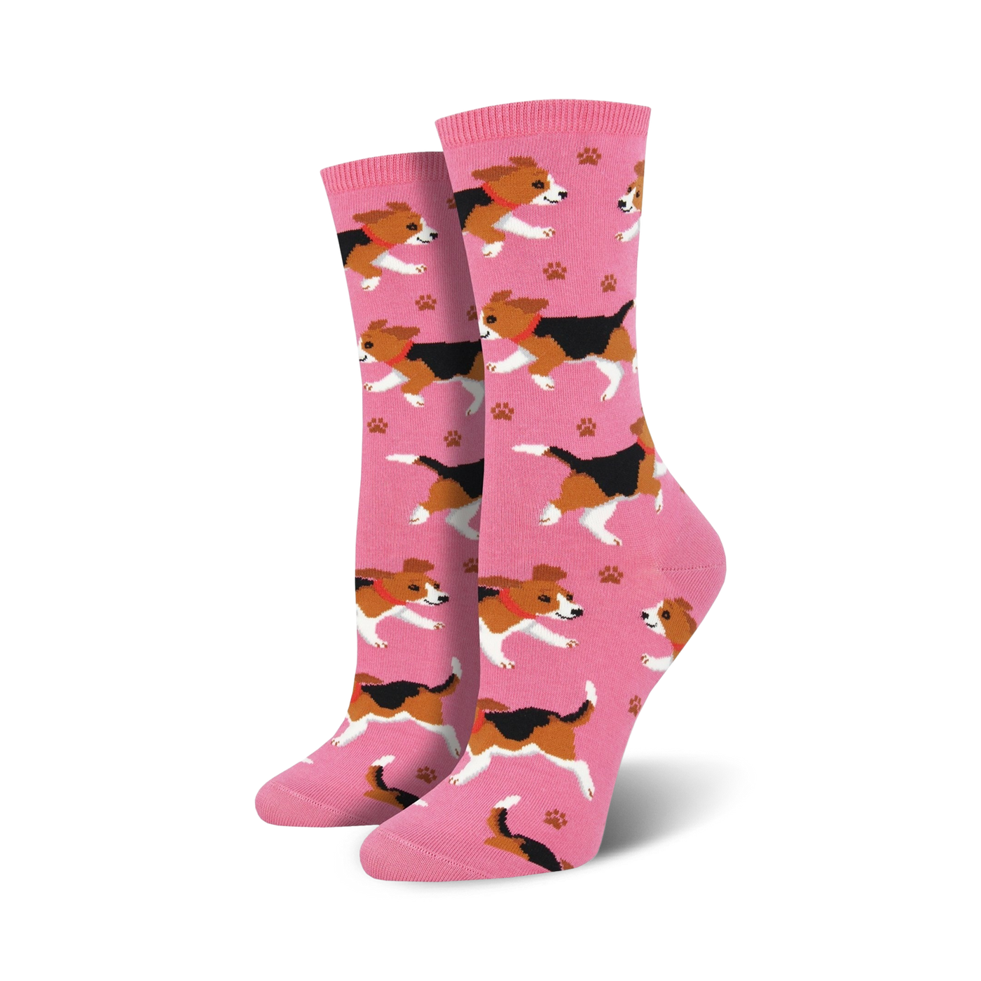 Pair of pink crew socks featuring a repeating pattern of playful beagles and paw prints. 