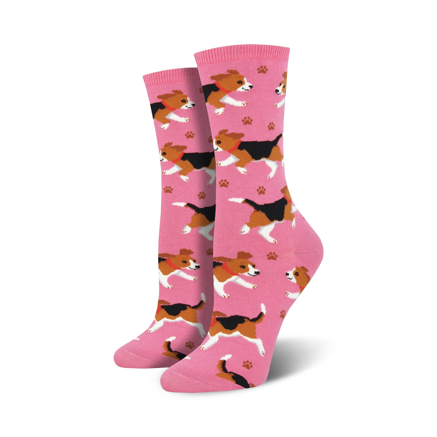Pair of pink crew socks featuring a repeating pattern of playful beagles and paw prints. 