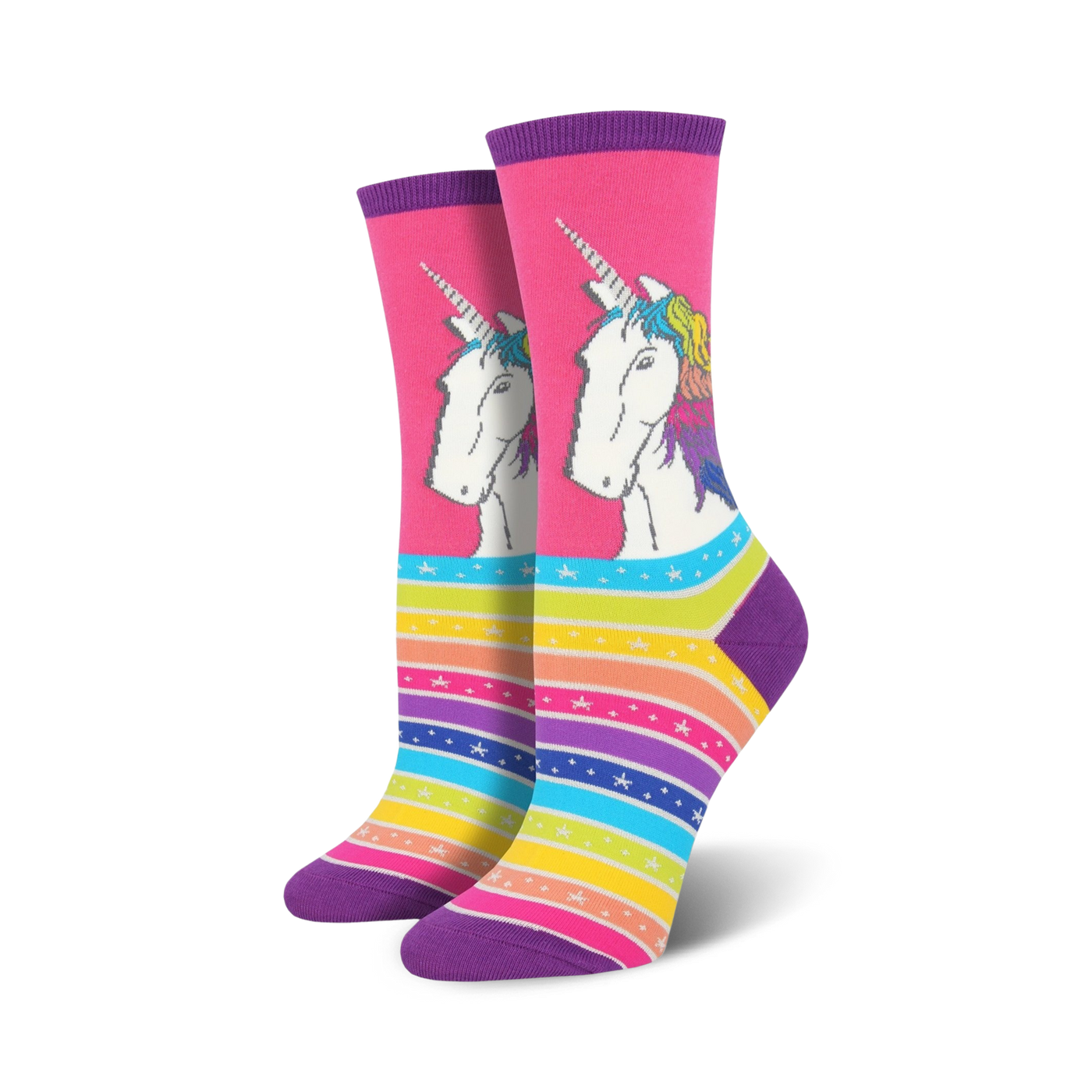 Pair of crew socks; pink background with unicorns and rainbow stripes, white stars.