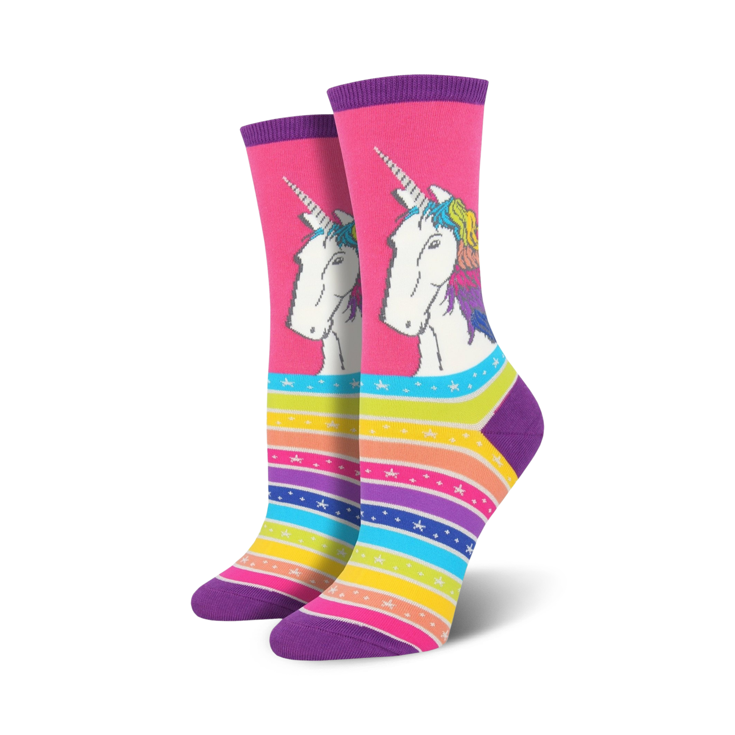 Pair of crew socks; pink background with unicorns and rainbow stripes, white stars.