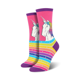 pink and purple crew socks featuring a pattern of white unicorns with rainbow manes and tails, stars, and rainbow stripes.   