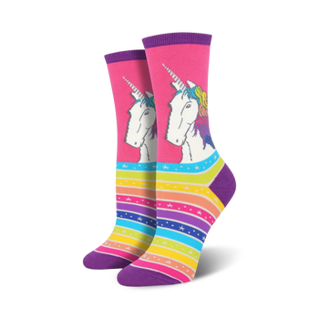 pink and purple crew socks featuring a pattern of white unicorns with rainbow manes and tails, stars, and rainbow stripes.   