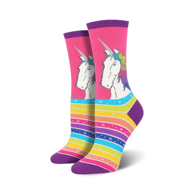 pink and purple crew socks featuring a pattern of white unicorns with rainbow manes and tails, stars, and rainbow stripes.   