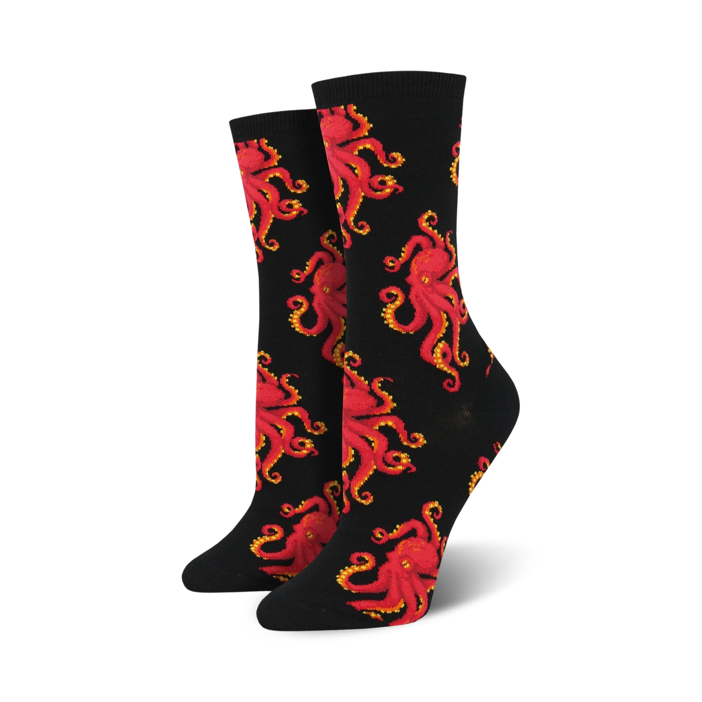 Pair of crew socks with a red octopus pattern on a black background. 