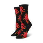 Pair of crew socks with a red octopus pattern on a black background. 