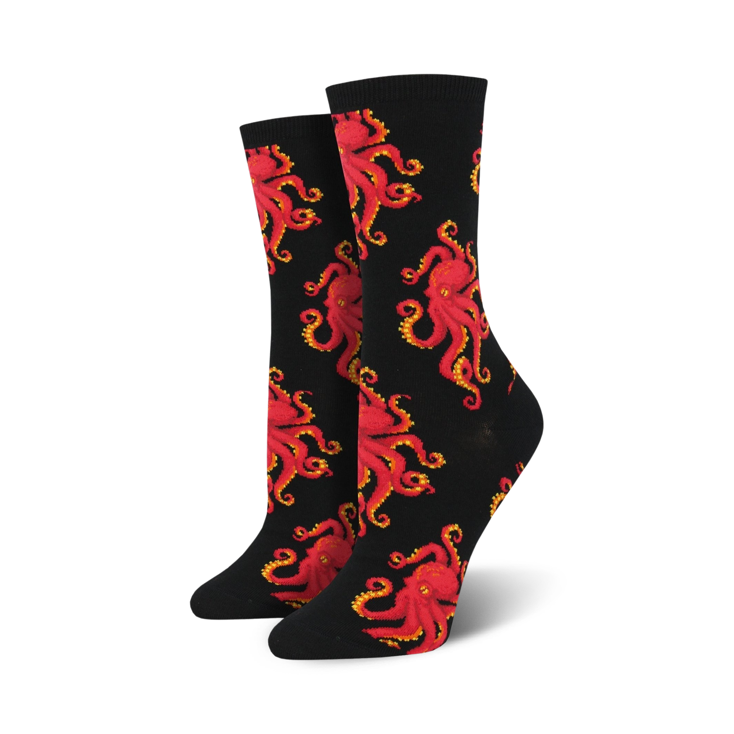 Pair of crew socks with a red octopus pattern on a black background. 