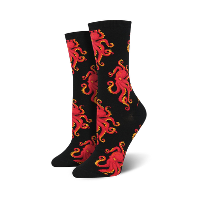 black crew socks covered in an allover pattern of red octopuses with yellow eyes and orange suckers. 