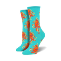 Pair of teal crew socks with a red octopus pattern. 