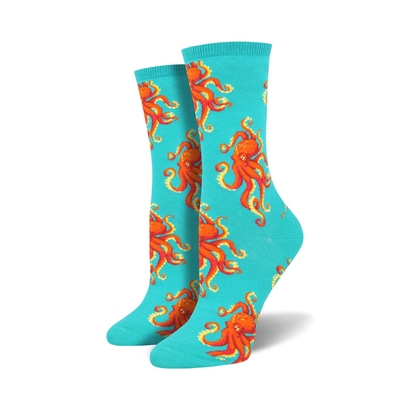 Pair of teal crew socks with a red octopus pattern. 