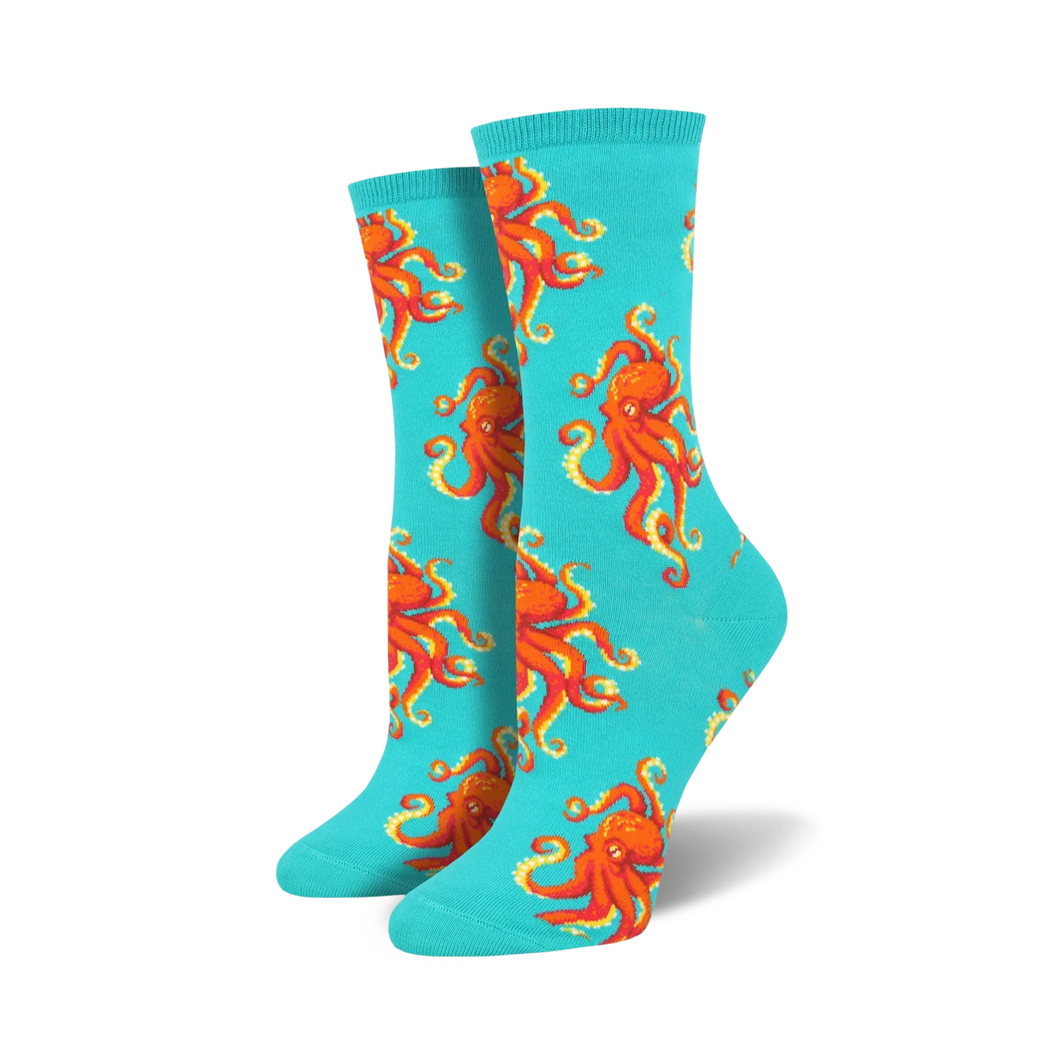 Pair of teal crew socks with a red octopus pattern. 