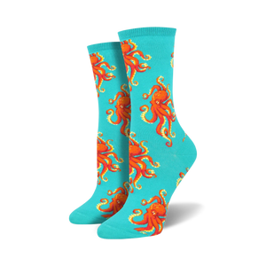 bright turquoise blue crew socks with all-over pattern of orange octopuses.   