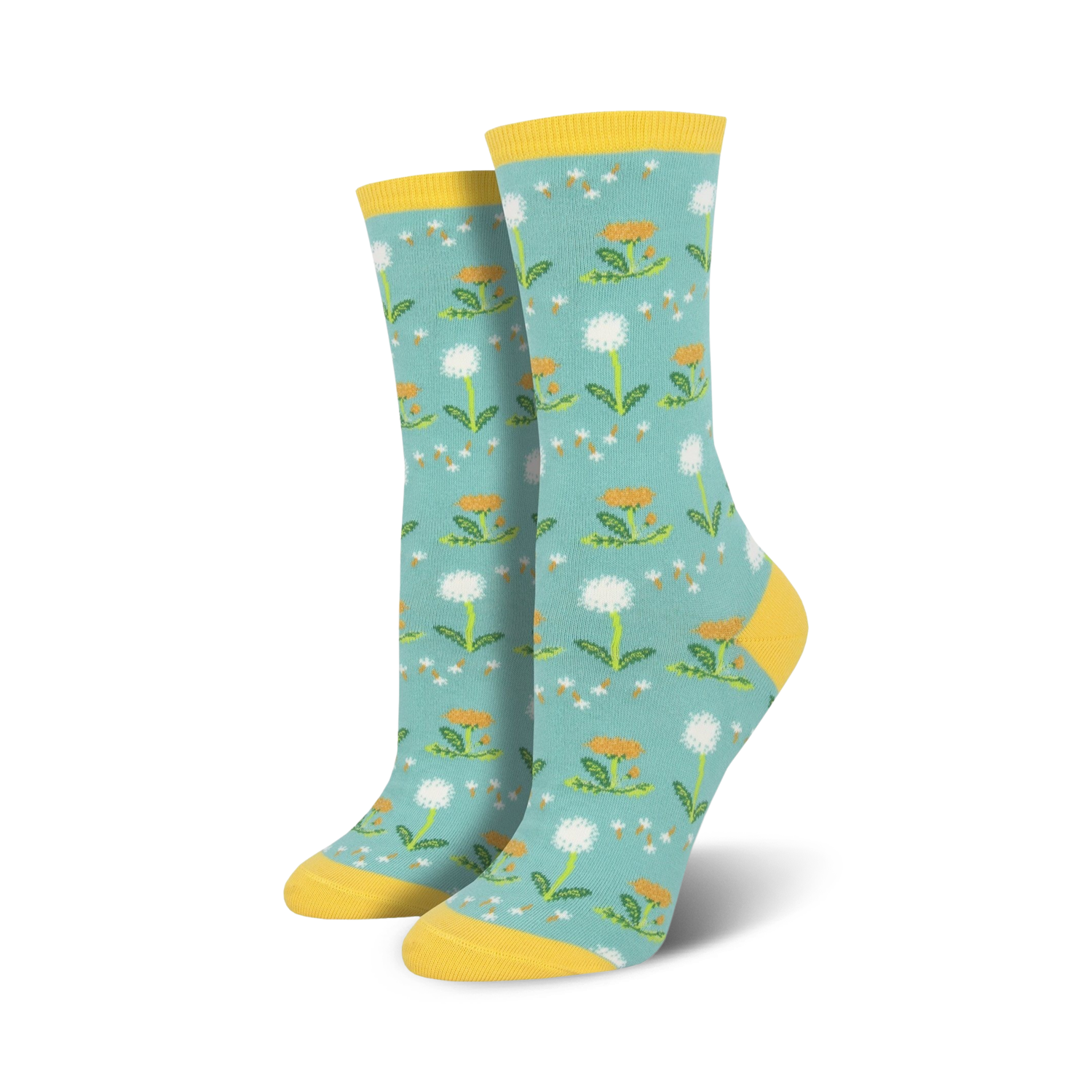 Pair of crew socks, teal background with white dandelions and yellow accents. Yellow cuff.