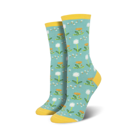 light blue crew socks with white and yellow dandelion pattern, inspiring dreams and wanderlust. 