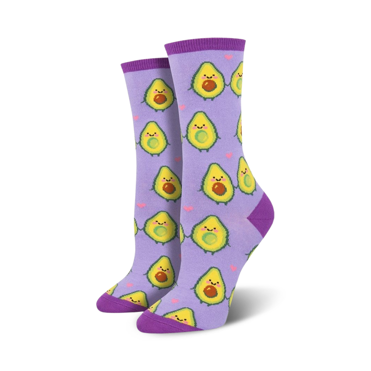 Pair of women's crew socks. Lavender and teal options feature cartoon avocados holding hands, surrounded by pink hearts.