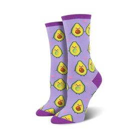 purple women's socks with heart-eyes avocados holding hands to brighten your day   