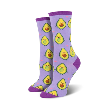 purple women's socks with heart-eyes avocados holding hands to brighten your day   