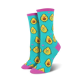 Lifestyle product shot of a person's feet wearing the teal 'You Guac My World' avocado socks.