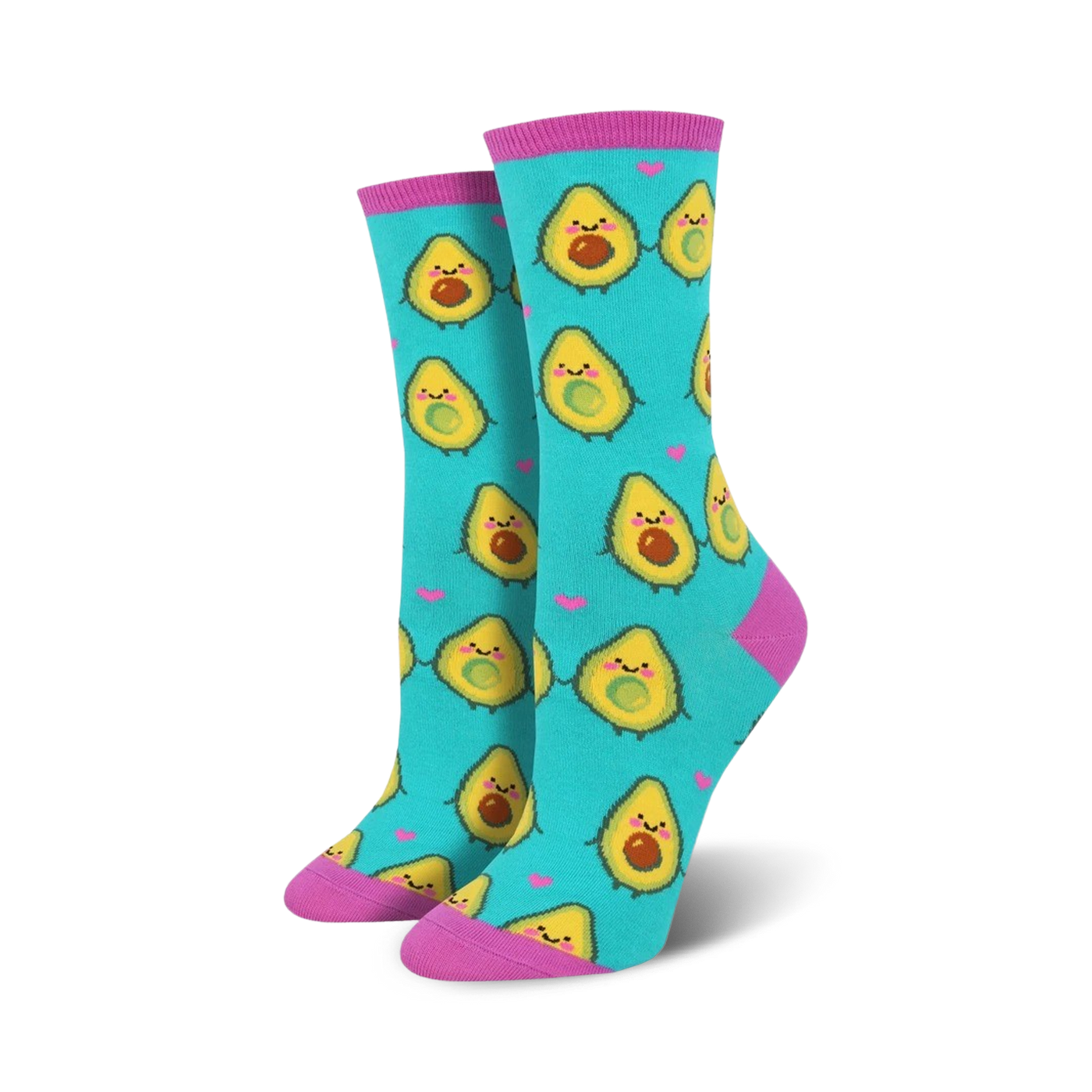 Lifestyle product shot of a person's feet wearing the teal 'You Guac My World' avocado socks.