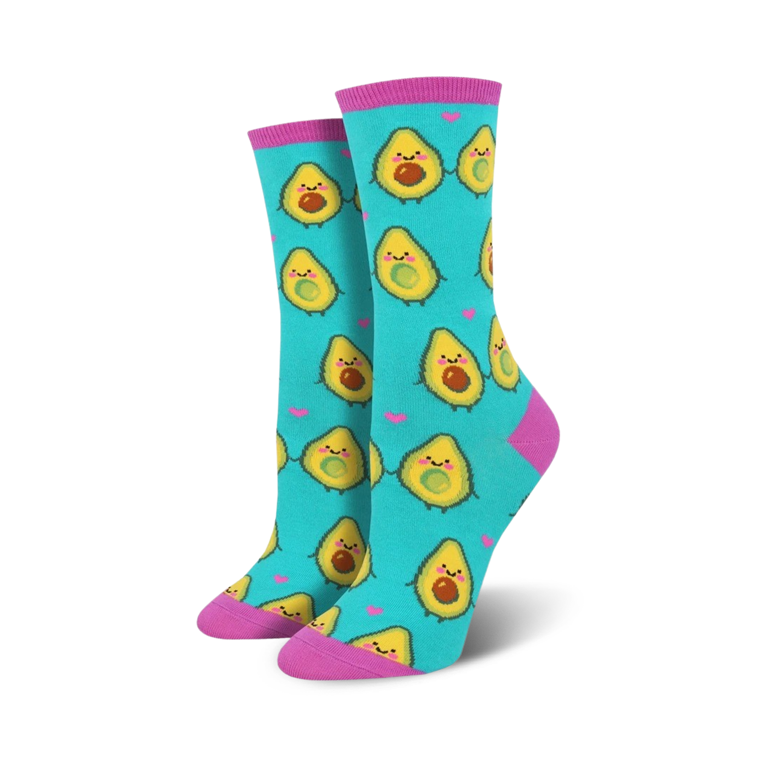 Lifestyle product shot of a person's feet wearing the teal 'You Guac My World' avocado socks.