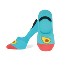 Pair of turquoise no-show socks with a coral heel and toe, and a graphic of an avocado on the foot.