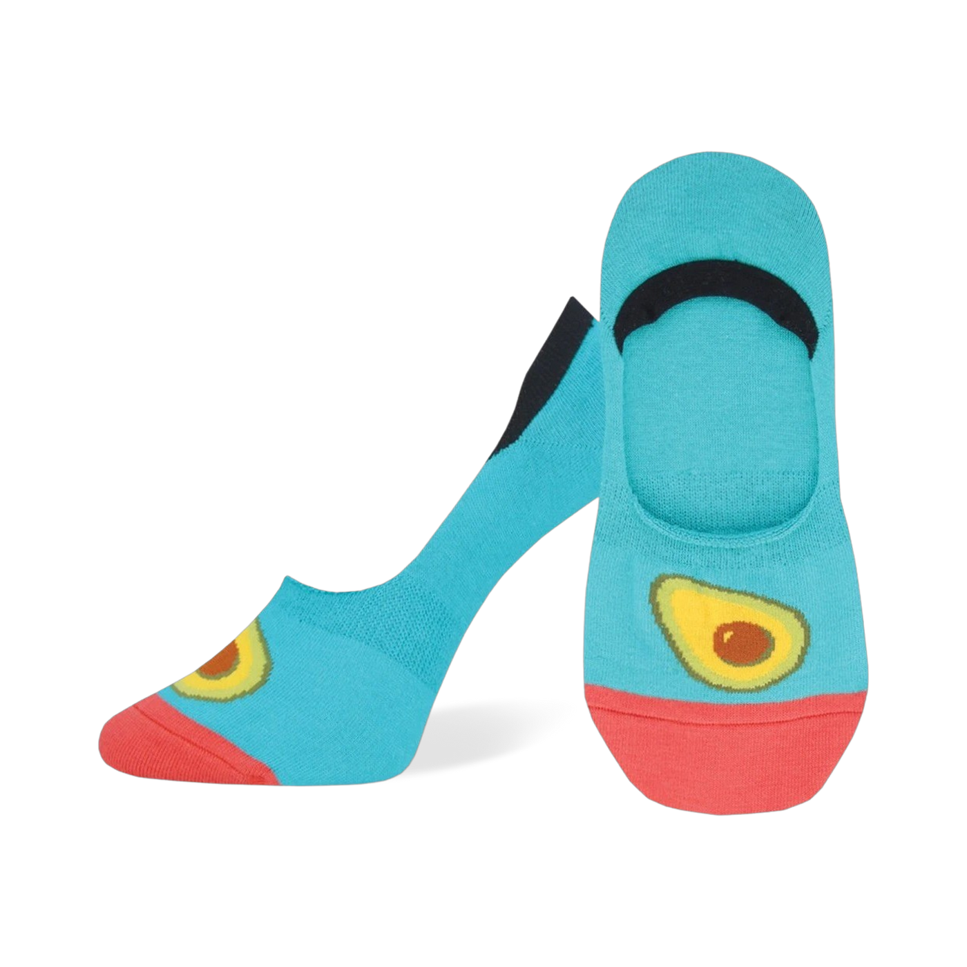 Pair of turquoise no-show socks with a coral heel and toe, and a graphic of an avocado on the foot.