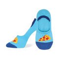 A pair of light blue no-show socks with a fun pizza slice graphic. The heel and toe are navy blue.
