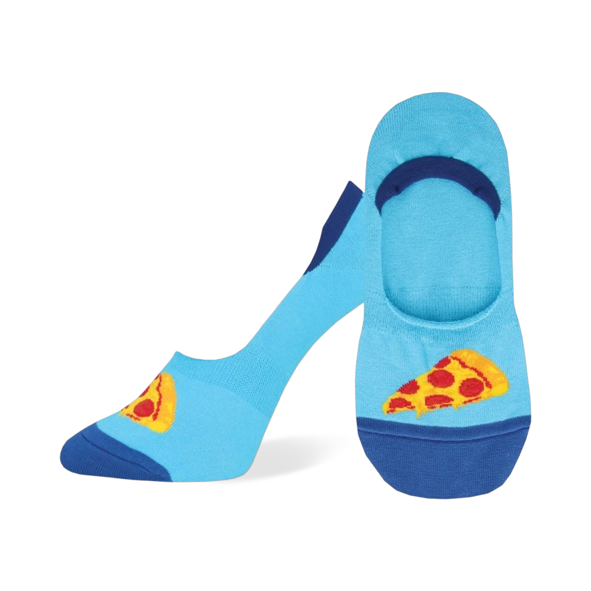 A pair of light blue no-show socks with a fun pizza slice graphic. The heel and toe are navy blue.