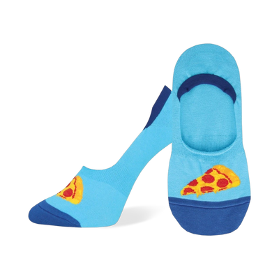 A pair of light blue no-show socks with a fun pizza slice graphic. The heel and toe are navy blue.
