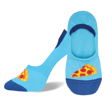  blue no-show socks with a pizza pattern featuring a cartoon pizza with pepperoni and red sauce. made for women.   