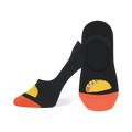 Pair of black and orange no-show socks with a colorful taco design on the bottom. Taco Tuesday socks.
