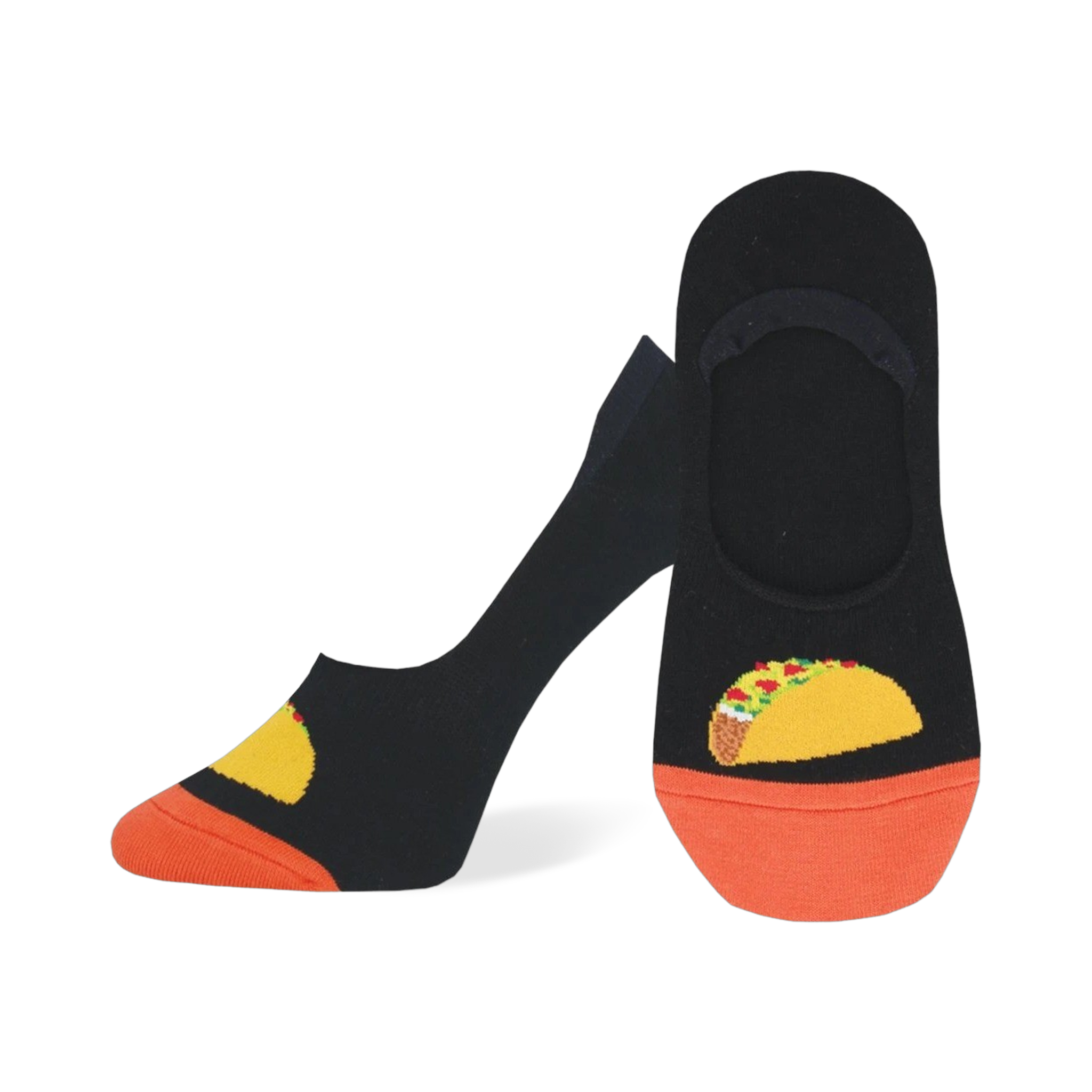 Pair of black and orange no-show socks with a colorful taco design on the bottom. Taco Tuesday socks.