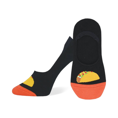 Pair of black and orange no-show socks with a colorful taco design on the bottom. Taco Tuesday socks.