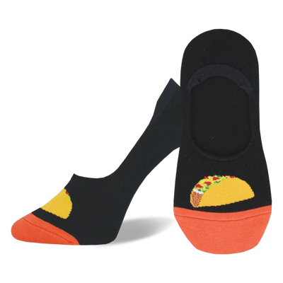 black liner socks with orange toes and heels, taco pattern in orange, yellow, red, green.  