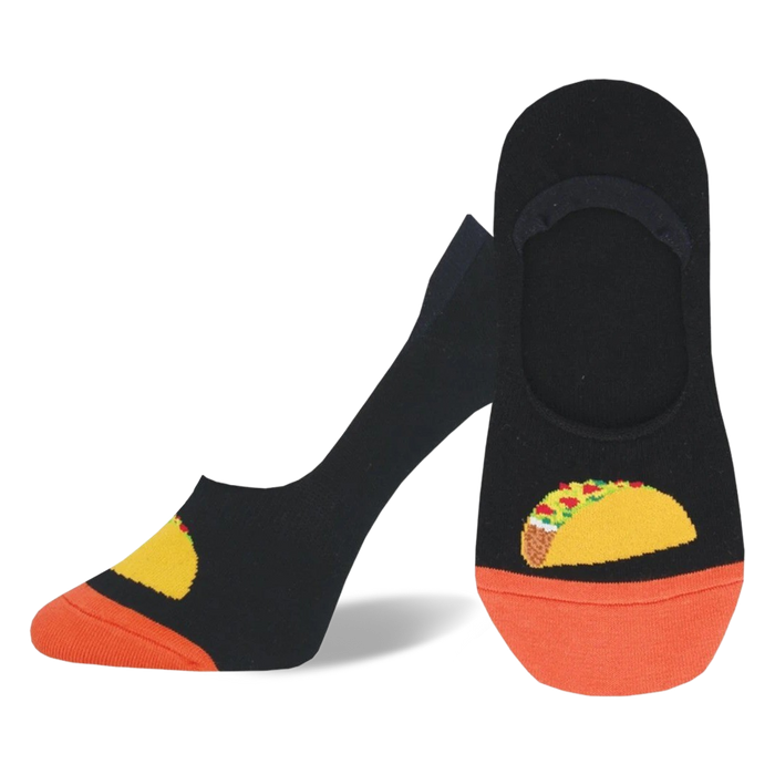 black liner socks with orange toes and heels, taco pattern in orange, yellow, red, green.  