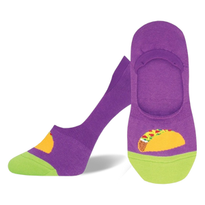 purple womens taco liner socks with green toe and heel. taco tuesday design with yellow shell, brown filling, and red lettuce. 