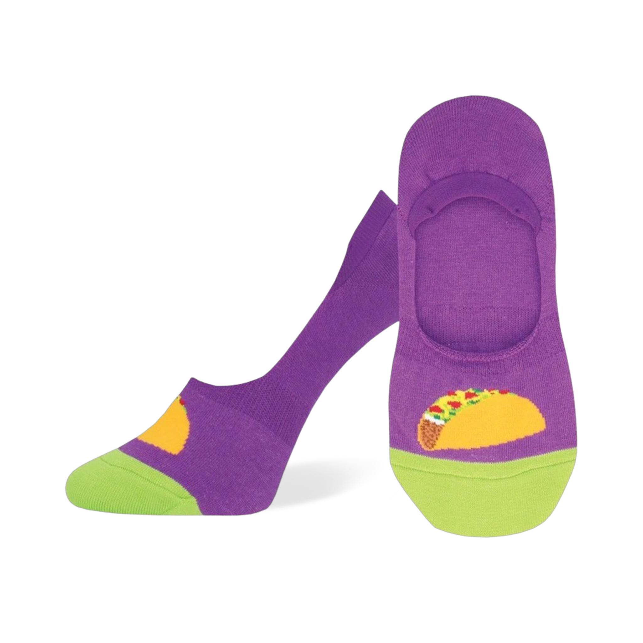 Pair of purple and lime green no-show socks with a colorful taco design on the bottom.